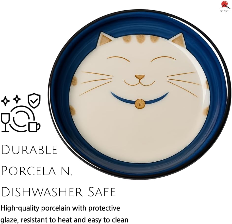 JapanBargain 2566, Set of 2 Japanese Porcelain Dipping Sauce Dishes for Appetizer Dessert Cake Snack with Maneki Neko Smiling Lucky Cat Pattern for Cat Lovers, Made in Japan, 4.75-inch, Blue