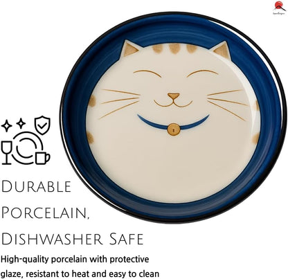 JapanBargain 2566, Set of 2 Japanese Porcelain Dipping Sauce Dishes for Appetizer Dessert Cake Snack with Maneki Neko Smiling Lucky Cat Pattern for Cat Lovers, Made in Japan, 4.75-inch, Blue