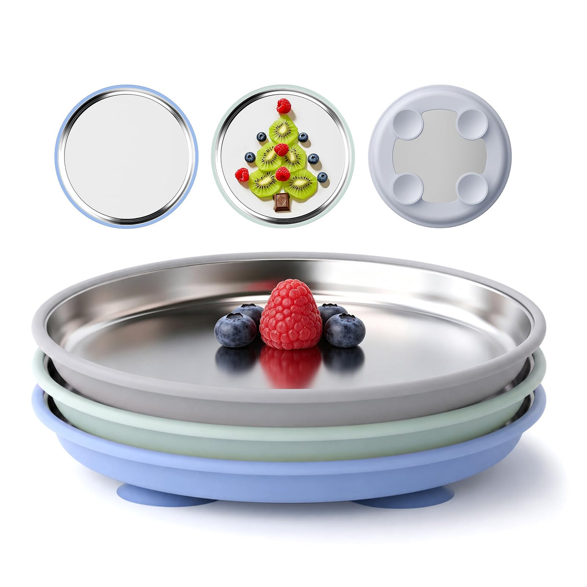 Bakpoco Stainless Steel Suction Plates for Toddlers, 8" Divided Kids Baby Plates with Removable Silicone Suction, Non Toxic Non Slip Portion Control Snack Dishes 3 Packs, Blue Gray Beige
