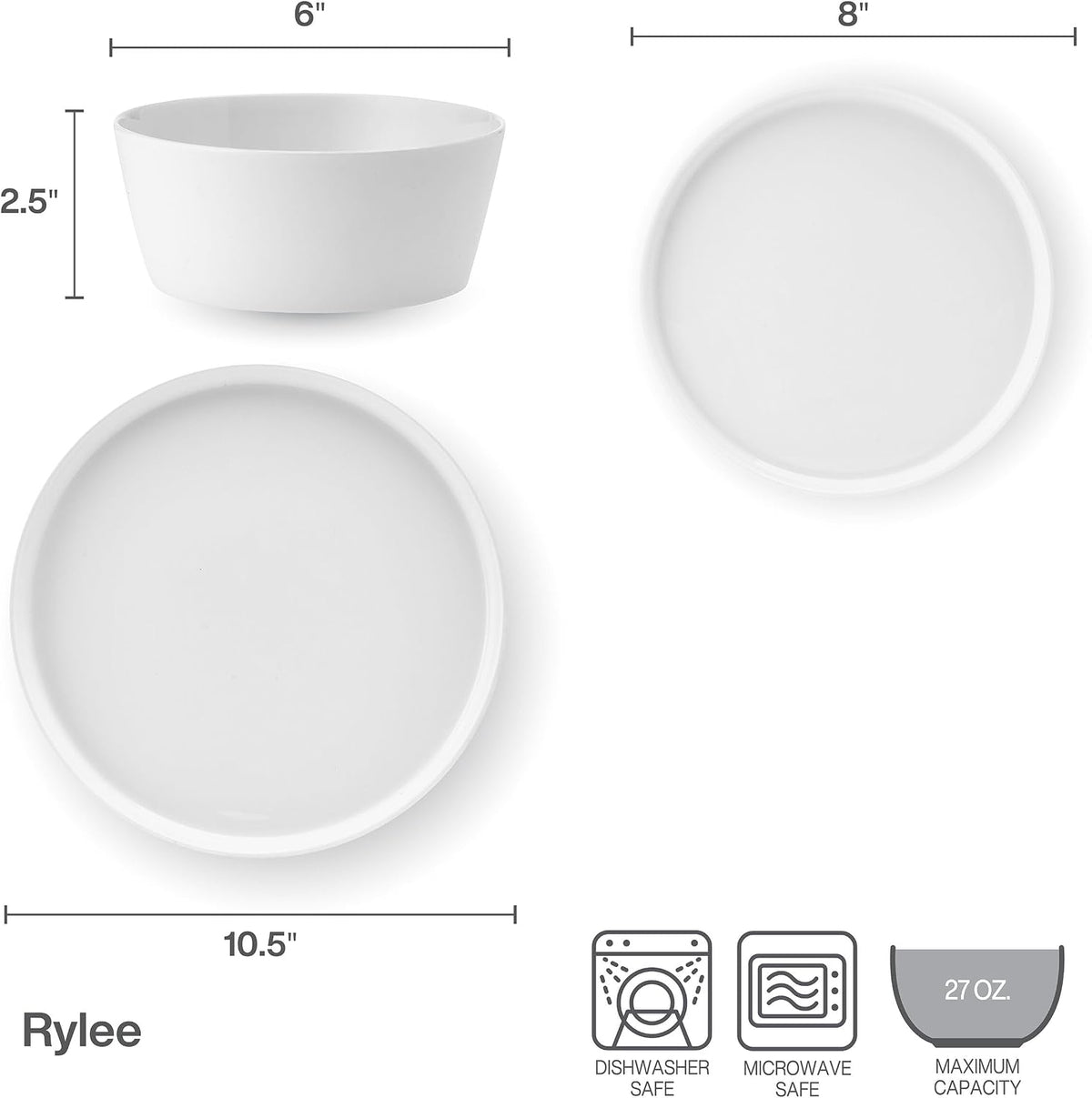 Mikasa Rylee High Rim 12 Piece Bone China Durable Chip Resistant Lightweight Dinnerware Set, Service for 4, White