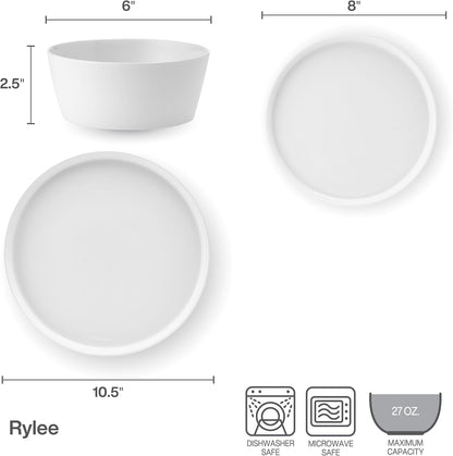 Mikasa Rylee High Rim 12 Piece Bone China Durable Chip Resistant Lightweight Dinnerware Set, Service for 4, White