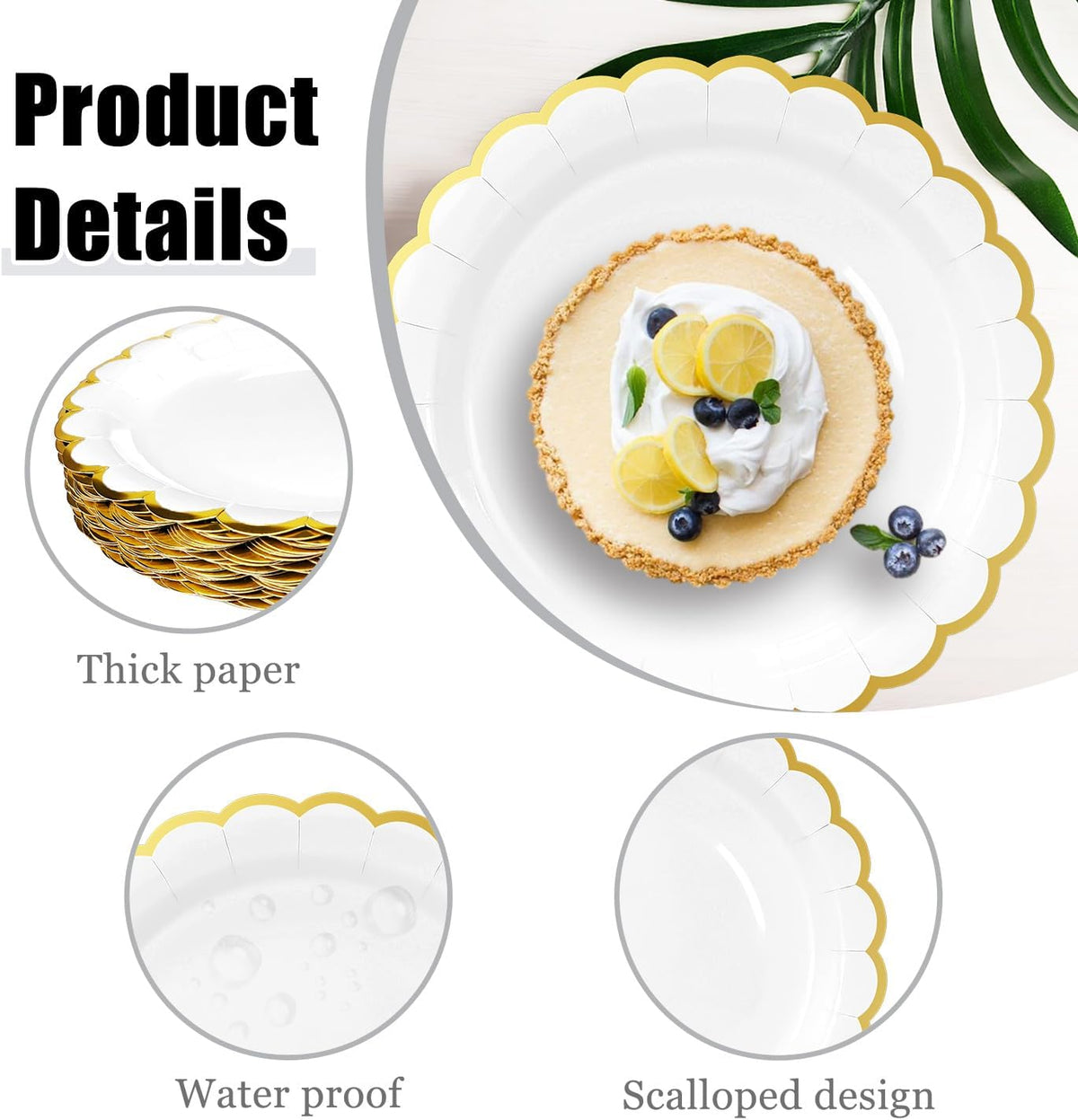 HEIPINIUYE 50 Pieces White Paper Plates with Gold Foil 7 Inch Disposable White Scalloped Dinner Plates for Wedding Baby Shower Birthday Party Dessert Plate