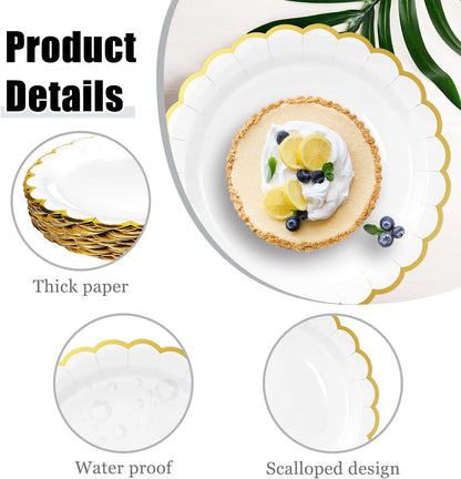 HEIPINIUYE 50 Pieces White Paper Plates with Gold Foil 7 Inch Disposable White Scalloped Dinner Plates for Wedding Baby Shower Birthday Party Dessert Plate
