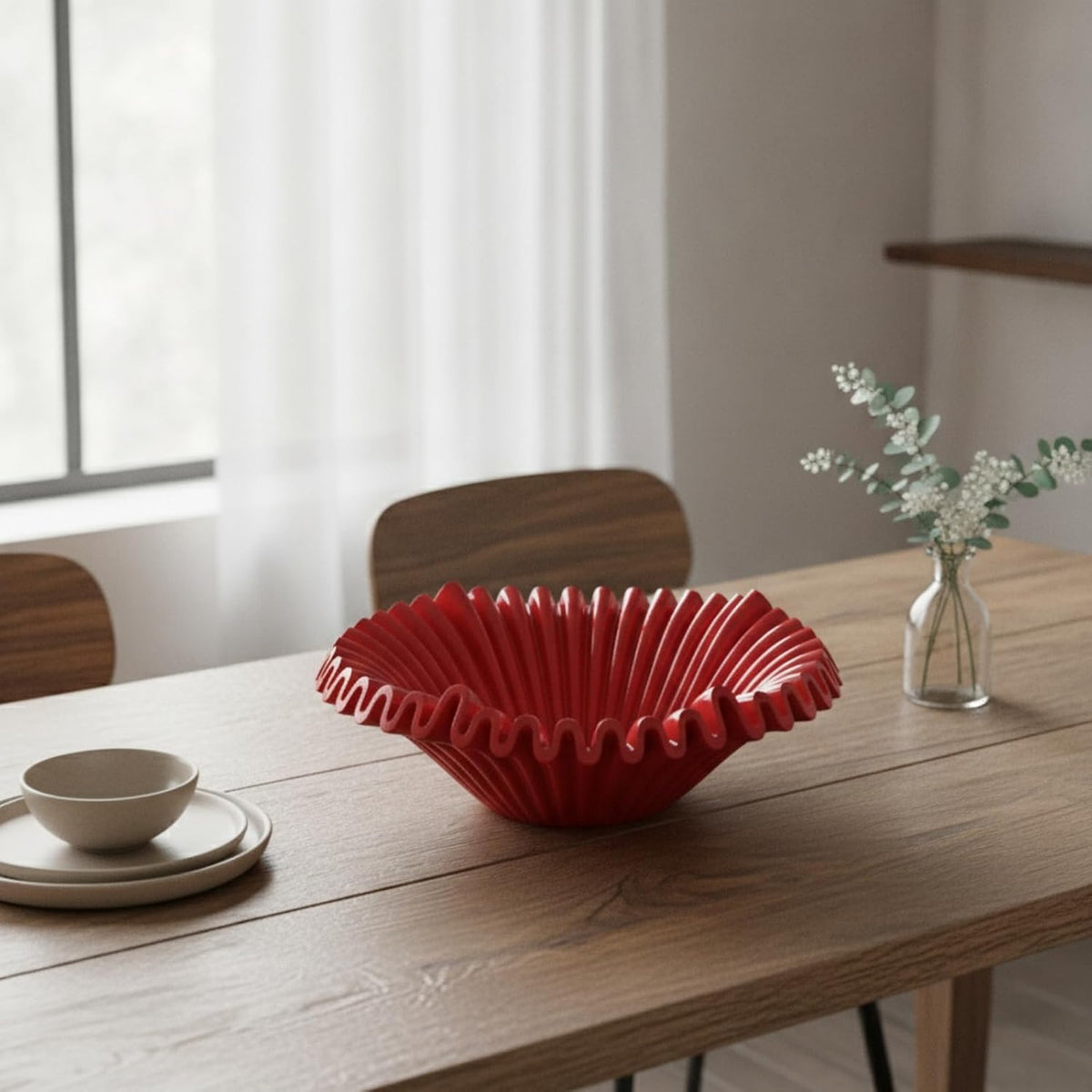 Resin Candy Tray Decorative Bowl Dish Platter With Shallow Wide Opening And Ribbed Sides Surface For Snacks Keys Or Jewelry suitable for dining table, Red, Small 27.5 27.5 10cm
