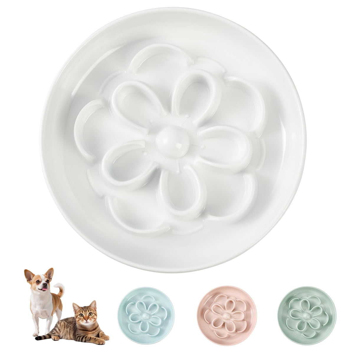 Melamine Cat Slow Feeder Bowl Set - Floral Maze Food Dishes for Cats and Small Dogs - Shallow Wide Plates for Dry & Wet Food - 3 Pack - White & Green & Blue