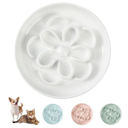 Melamine Cat Slow Feeder Bowl Set - Floral Maze Food Dishes for Cats and Small Dogs - Shallow Wide Plates for Dry & Wet Food - 3 Pack - White & Green & Blue