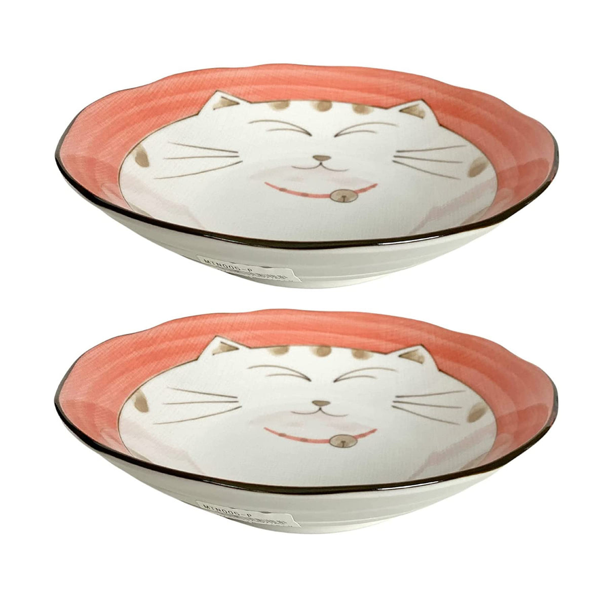 JapanBargain 2562, Japanese Porcelain Soup Bowls Shallow Bowl for Cereal Rice Salad Appetizer and Dessert, Blue Color Maneki Neko Smiling Lucky Cat Pattern, Made in Japan, 6-1/2 inch, Pack of 2