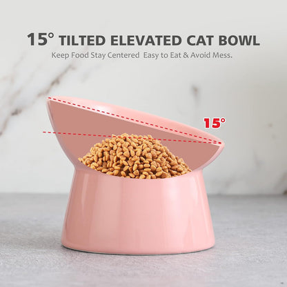 Raised Ceramic Cat Food Bowl - Elevated Base, Tilted, Anti Vomit - Whisker Friendly Shallow Wide Feeding Bowl - Microwave and Dishwasher Safe