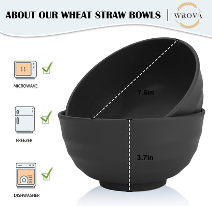 Wrova Wheat Straw Bowls Set 60 OZ Unbreakable Large Cereal Bowls Set of 6 Microwave and Dishwasher Safe Bowls Big Bowls for Camping and Picnic BPA Free Soup Bowl for Serving Oatmeal and Salad. Black