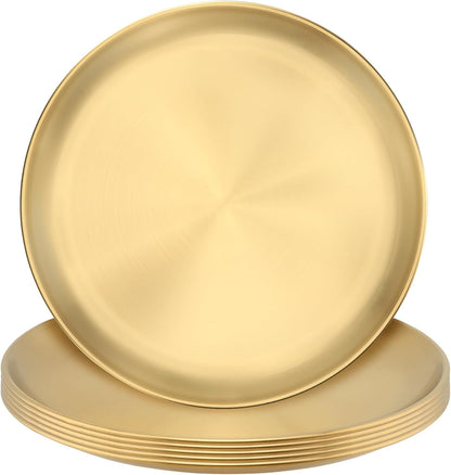 MUKCHAP 6PCS 12 Inch Gold Stainless Steel Plates, Flat Metal Dishes, Camping Serving Dinner Plates for Snack, BBQ