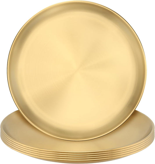 MUKCHAP 6PCS 12 Inch Gold Stainless Steel Plates, Flat Metal Dishes, Camping Serving Dinner Plates for Snack, BBQ