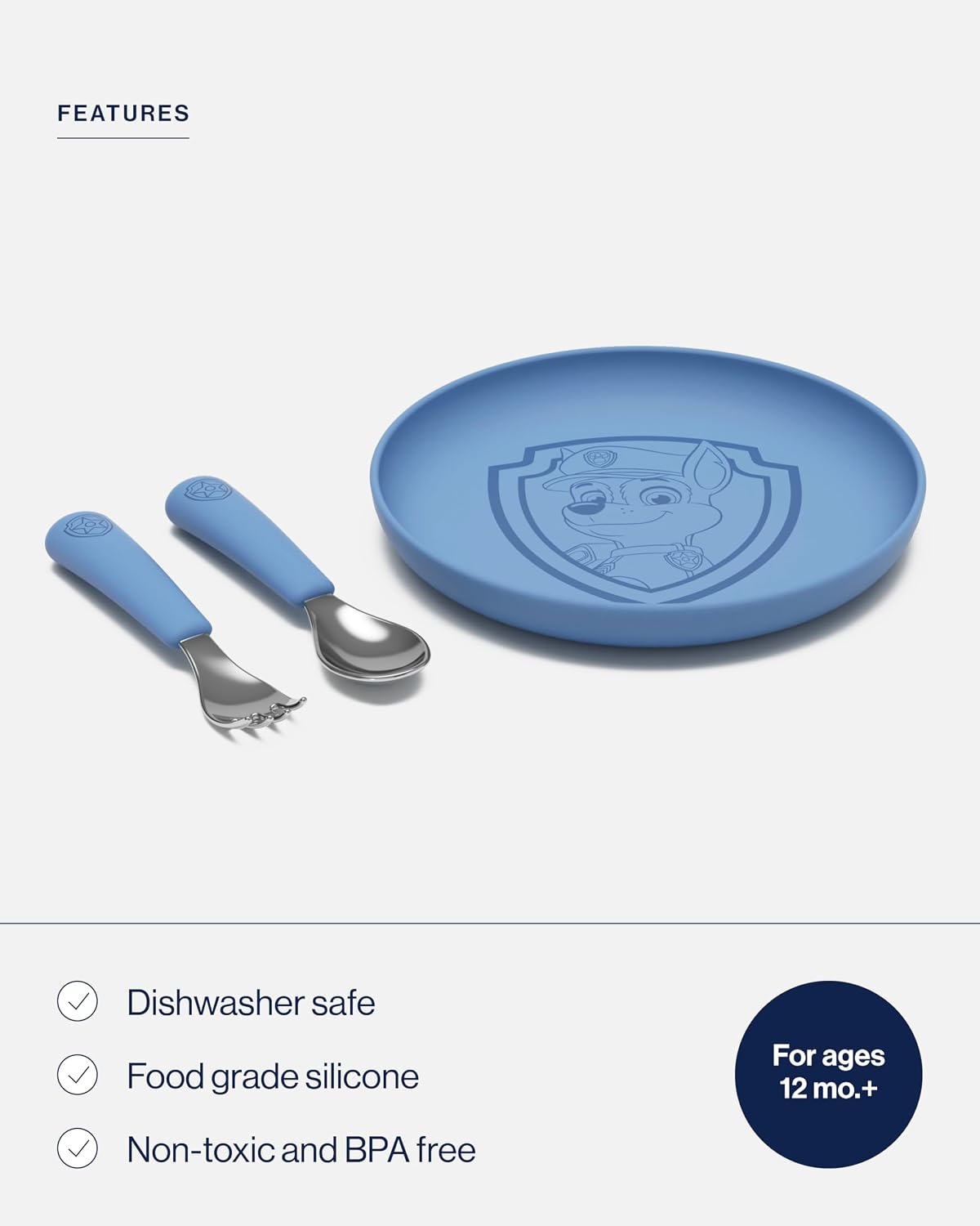 Lalo PAW Patrol Plate & Utensil Set For Kids - Dishwasher Safe Toddler Dinnerware Set - BPA Free for Over 12 Months - Includes Plate, Ergonomic Spoon and Fork - 3 Pieces - Chase