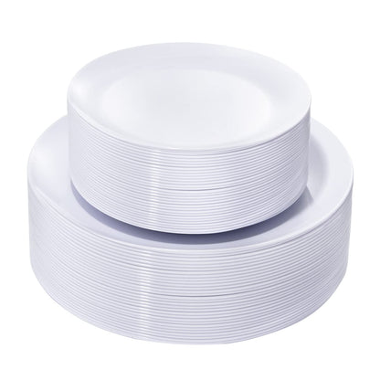 KIRE 100PCS White Plates with Gold Trim - Plastic Disposable Plates - Includes 50Pieces 10.25inch Dinner and 50Pieces 7.5inch Dessert/Salad Plastic Plate for Wedding Receptions/Party/Thanksgiving