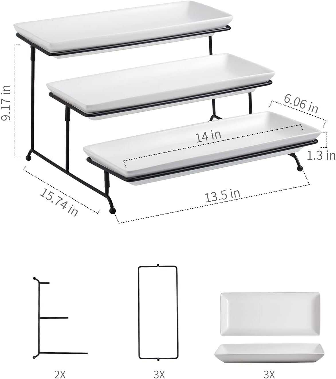 Gomakren 3 Tier Rectangular Serving Tray 14 Inch Serving Platters and Stand