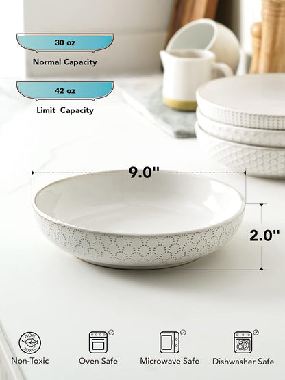 LE TAUCI Pasta Bowls 42oz, Large Salad Bowl, Ceramic Embossment Stoneware Serving Plate for Fruits, Noodle, Dinner, House-warming Wedding Present - 9 Inch, Set of 4, Arctic White