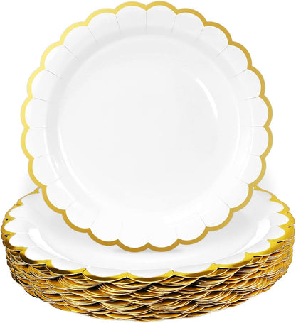 HEIPINIUYE 50 Pieces White Paper Plates with Gold Foil 7 Inch Disposable White Scalloped Dinner Plates for Wedding Baby Shower Birthday Party Dessert Plate