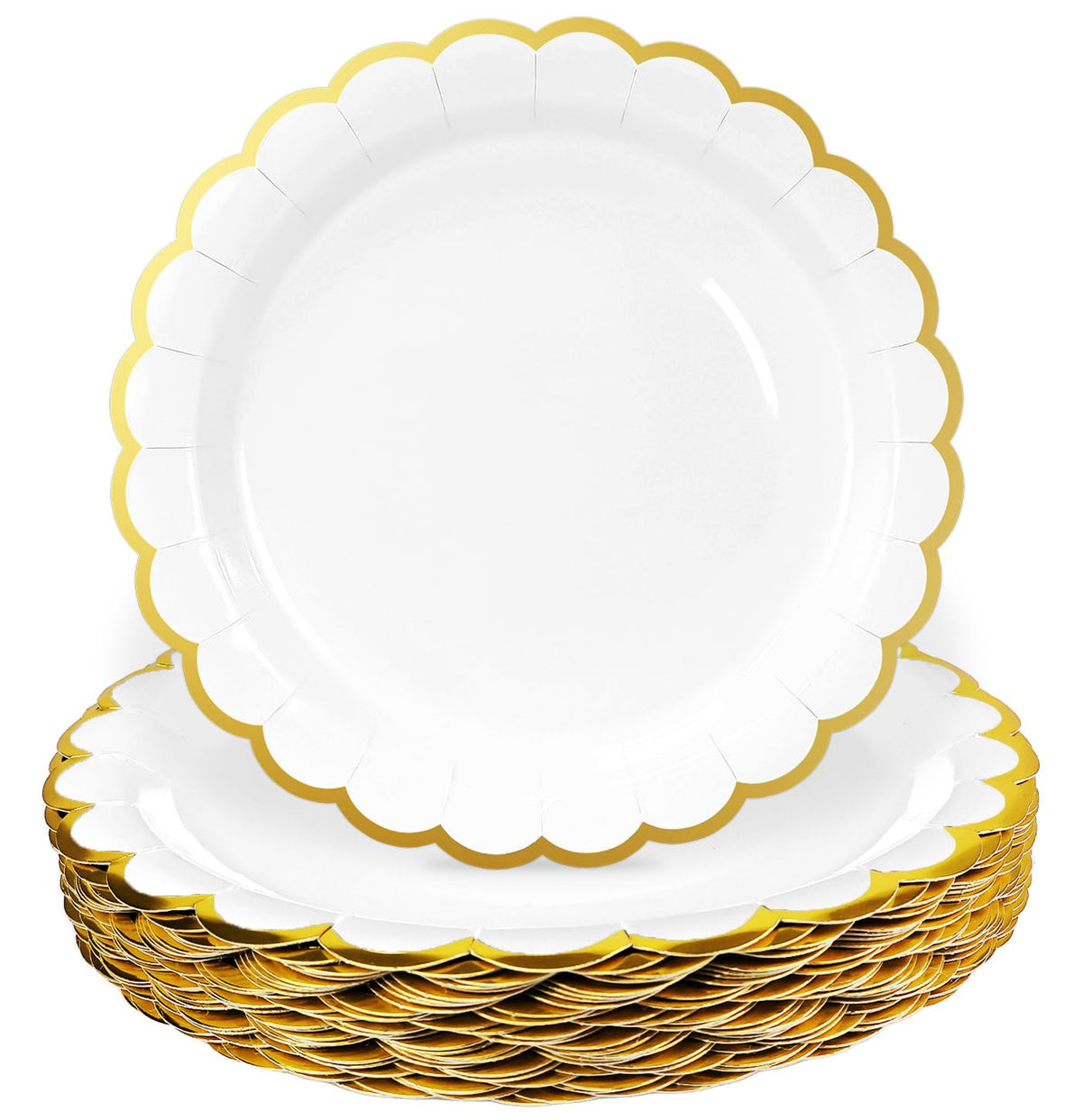 HEIPINIUYE 50 Pieces White Paper Plates with Gold Foil 7 Inch Disposable White Scalloped Dinner Plates for Wedding Baby Shower Birthday Party Dessert Plate