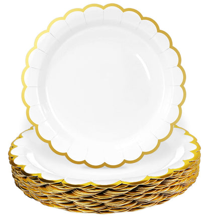 HEIPINIUYE 50 Pieces White Paper Plates with Gold Foil 7 Inch Disposable White Scalloped Dinner Plates for Wedding Baby Shower Birthday Party Dessert Plate