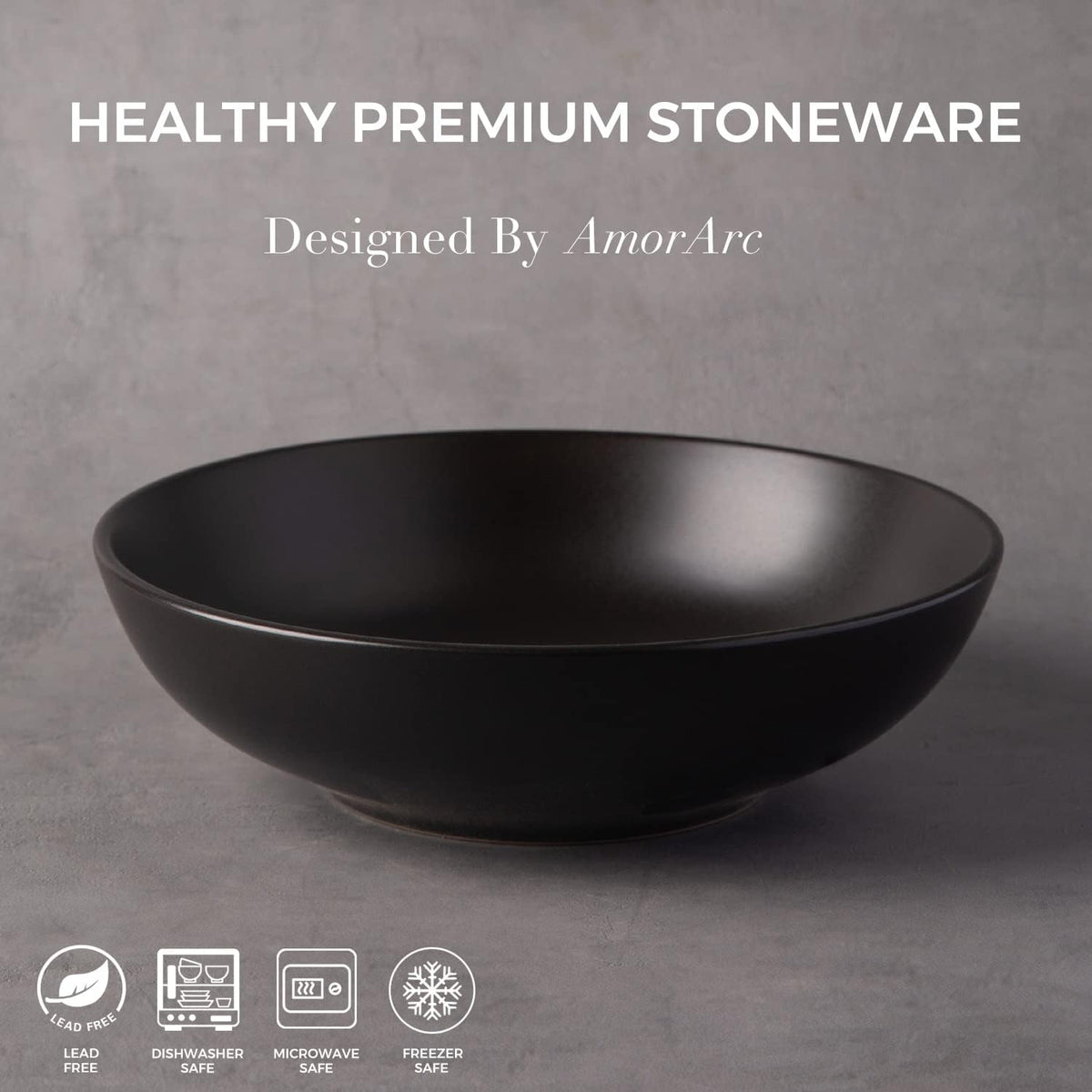 AmorArc 8.75‘’ Large Pasta Bowls, 42 ounce Deep Stoneware Bowls Set of 4 for Kitchen, Wide Bowl for Pasta/Salad/Fruit/Oatmeal/Soup, Microwave&Dishwasher Safe-Matte Black