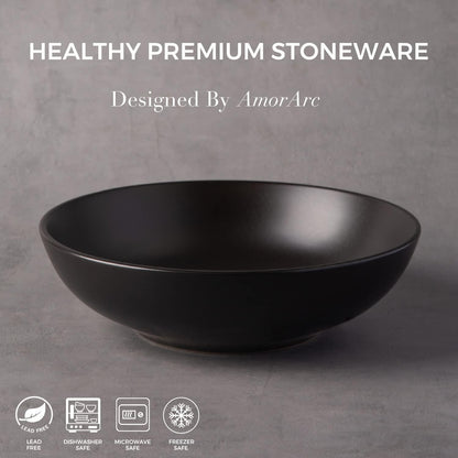 AmorArc 8.75‘’ Large Pasta Bowls, 42 ounce Deep Stoneware Bowls Set of 4 for Kitchen, Wide Bowl for Pasta/Salad/Fruit/Oatmeal/Soup, Microwave&Dishwasher Safe-Matte Black
