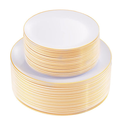 KIRE 100PCS White Plates with Gold Trim - Plastic Disposable Plates - Includes 50Pieces 10.25inch Dinner and 50Pieces 7.5inch Dessert/Salad Plastic Plate for Wedding Receptions/Party/Thanksgiving