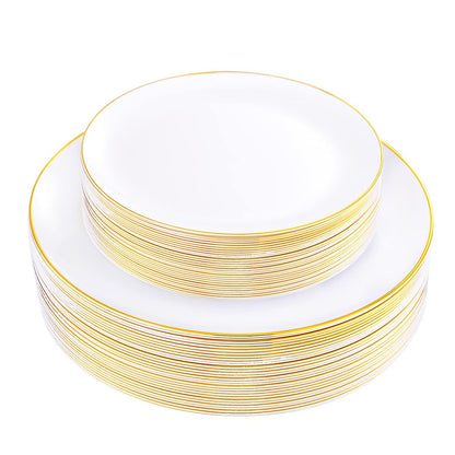 KIRE 100PCS White Plates with Gold Trim - Plastic Disposable Plates - Includes 50Pieces 10.25inch Dinner and 50Pieces 7.5inch Dessert/Salad Plastic Plate for Wedding Receptions/Party/Thanksgiving