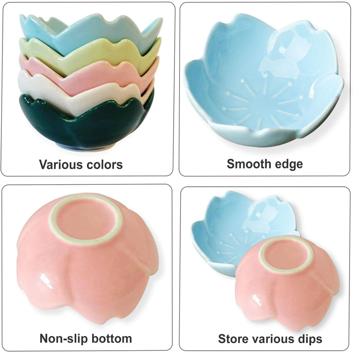 WHJY White Cherry Blossom Dish Set, Cute Pink Ceramic Plates, Sauce/Seasoning Dish, Sushi Dishes, Soy Dipping Bowl, Dessert, Appetizer Plates, Serving Dish for Kitchen Home – Set of 5