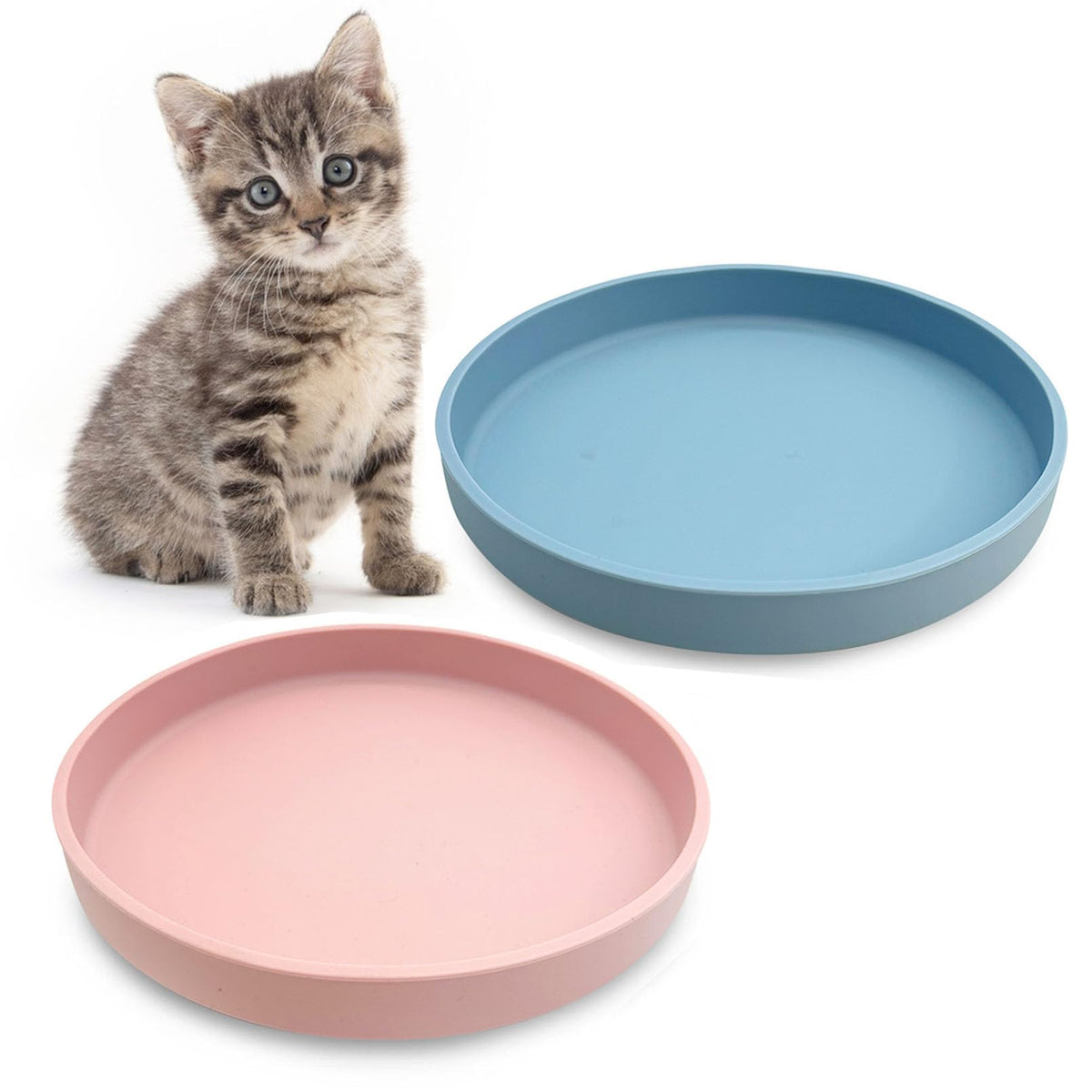 Silicone Cat Food Bowl Shallow Dishes 5.9in Wide Cats Bowls Set of 2 Kitty Plates Relief Whisker Fatigue Puppy Feeding Bowl for Dry Food and Wet Food Indoor (Round Green)