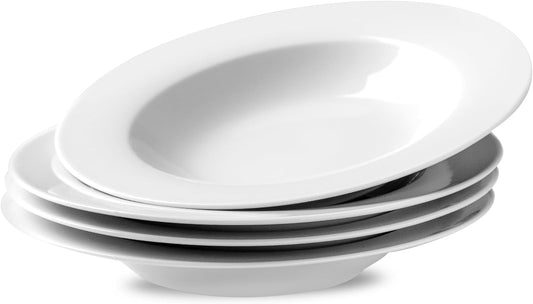 Ceramic Soup Bowls Shallow Plates, Halloween 4 Pack White Dinner Bowls Plates, Porcelain Wide Rim, 8.5" (8.5 oz) Shallow Bowls Ideal for Soup Dessert Salad and Pasta, Microwave and Dishwasher Safe