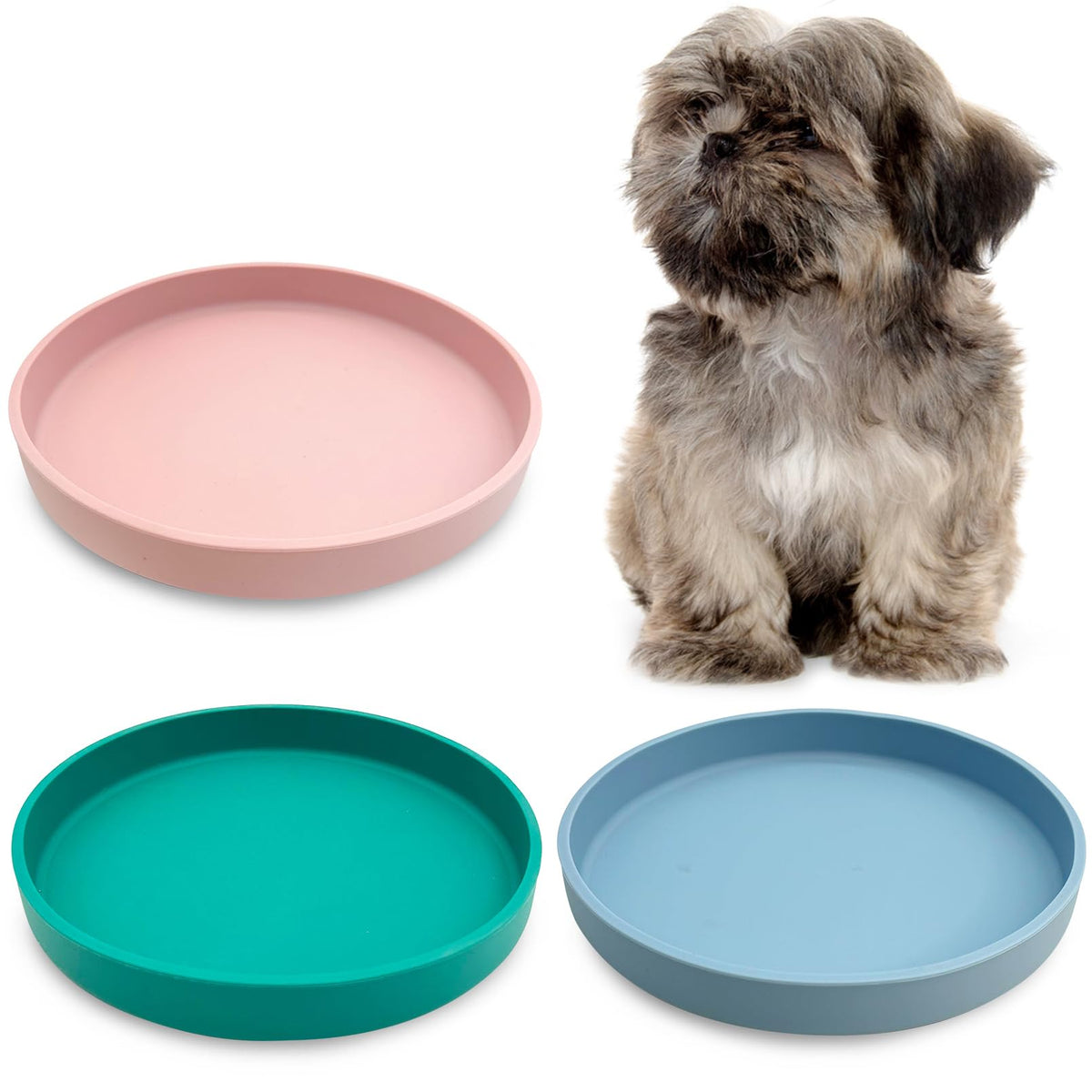 Silicone Cat Food Bowl Shallow Dishes 5.9in Wide Cats Bowls Set of 2 Kitty Plates Relief Whisker Fatigue Puppy Feeding Bowl for Dry Food and Wet Food Indoor (Round Green)