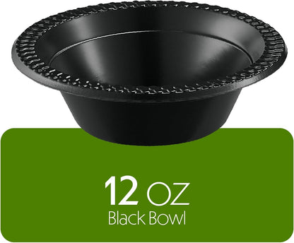 PLASTICPRO 100 PCS Black Plastic Bowls Light Weight 12 oz Plastic Soup Bowls Black Salad Plates Disposable for Party and Wedding