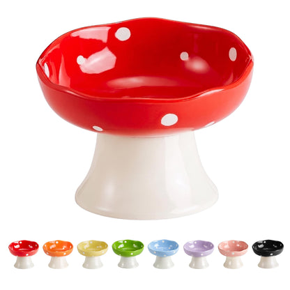 Pink Mushroom Cat Bowl, Elevated Ceramic Feeding Bowl