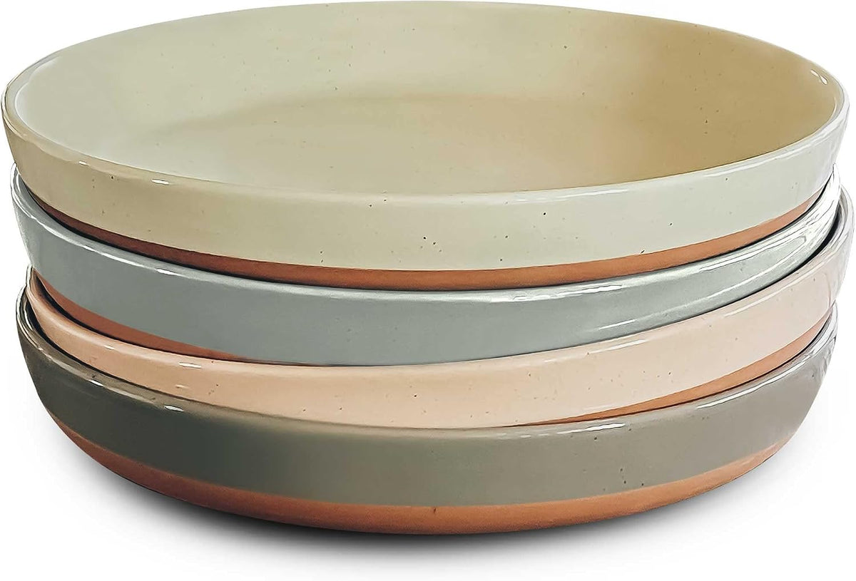 MORA Ceramic Flat Pasta Bowl Set of 4-35oz, Microwave Safe Plate with High Edge - Modern Porcelain Dinnerware for Kitchen and Eating, Large Wide Bowls/Plates for Serving Dinner, Salad, etc- Neutrals