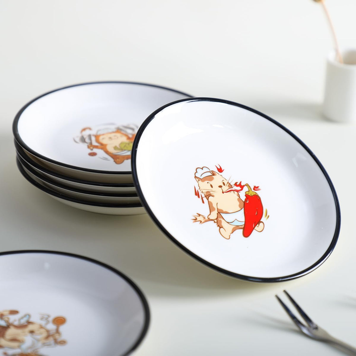 Funny Fidgety Chef Cat Pattern Ceramic Sauce Dishes, Seasoning Dishes, Sushi Soy Dipping Bowls, Appetizer Plates, Dessert Plates, Bird Feeding Bowls, Set of 6 - 5 Inch