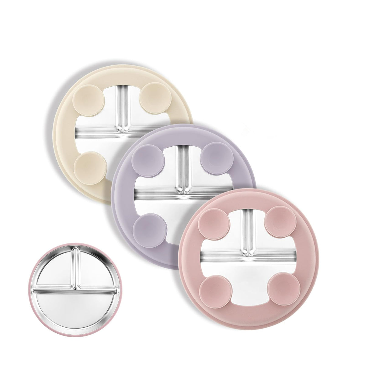 Bakpoco Stainless Steel Suction Plates for Toddlers, 8" Divided Kids Baby Plates with Removable Silicone Suction, Non Toxic Non Slip Portion Control Snack Dishes 3 Packs, Blue Gray Beige