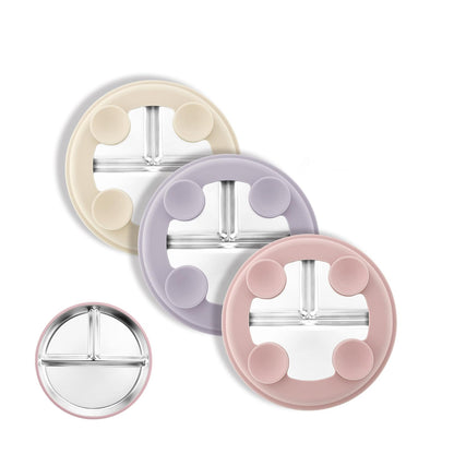 Bakpoco Stainless Steel Suction Plates for Toddlers, 8" Divided Kids Baby Plates with Removable Silicone Suction, Non Toxic Non Slip Portion Control Snack Dishes 3 Packs, Blue Gray Beige