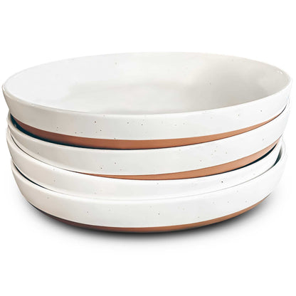 MORA Ceramic Flat Pasta Bowl Set of 4-35oz, Microwave Safe Plate with High Edge - Modern Porcelain Dinnerware for Kitchen and Eating, Large Wide Bowls/Plates for Serving Dinner, Salad, etc- Neutrals