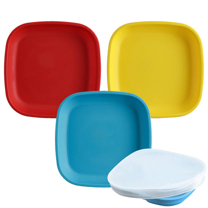 Re-Play Toddler Plates - 22 Oz. Deep-Walled Flat Kids Plates - Dishwasher & Microwave Safe - Made in USA - Set of 3-7.37" x 7.37" x 1.25" - True Blue