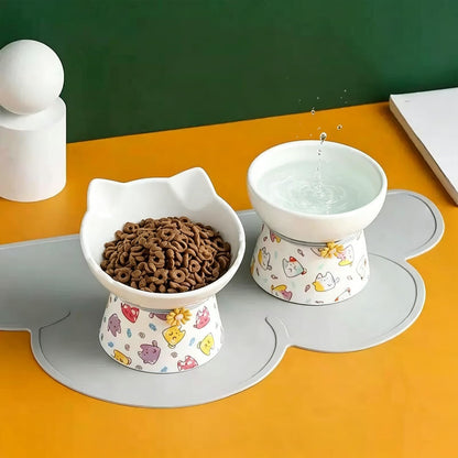 Elevated Ceramic Cat Bowls，15° Tilted Raised Cat Food Bowl, Anti Vomiting Pet Feeder, Protect Pet's Spine, Feeding Dish for Indoor Kittens and Small Dogs,（ Cat Pattern）