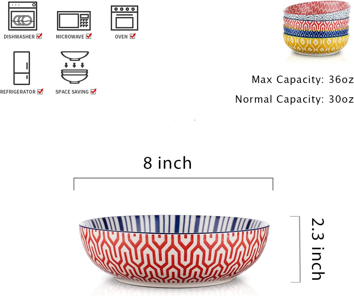 Selamica Ceramic 30 Ounce Large Pasta Bowls Set of 4, 8 inch Salad Bowl Wide and Shallow Microwave Dishwasher Safe, Assorted Corlors
