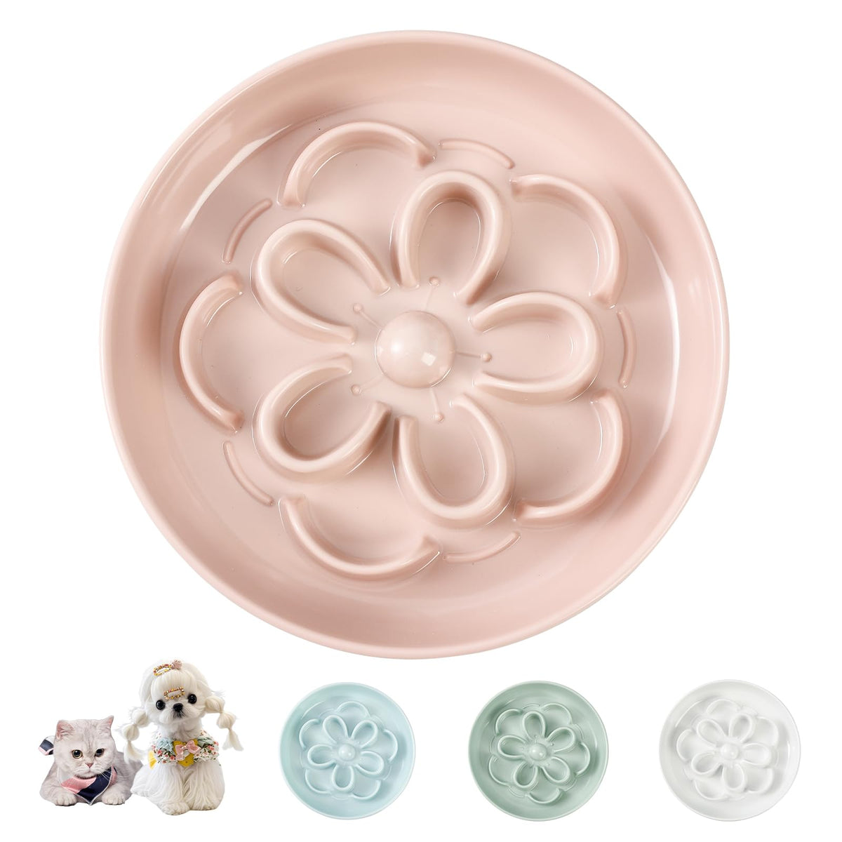 Melamine Cat Slow Feeder Bowl Set - Floral Maze Food Dishes for Cats and Small Dogs - Shallow Wide Plates for Dry & Wet Food - 3 Pack - White & Green & Blue