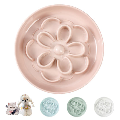 Melamine Cat Slow Feeder Bowl Set - Floral Maze Food Dishes for Cats and Small Dogs - Shallow Wide Plates for Dry & Wet Food - 3 Pack - White & Green & Blue