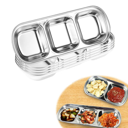 XIYUAN 3 Piece Stainless Steel Sauce Tray, Divided DippingTray, 3 Compartment Appetizer Serving Tray for Sauce, Ketchup, Dressing, Silver, 8 X 3 Inches (3 Compartment)