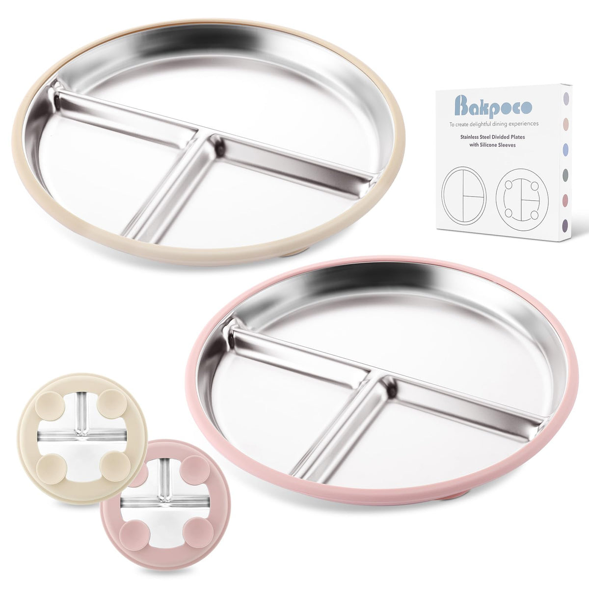 Bakpoco Stainless Steel Suction Plates for Toddlers, 8" Divided Kids Baby Plates with Removable Silicone Suction, Non Toxic Non Slip Portion Control Snack Dishes 3 Packs, Blue Gray Beige