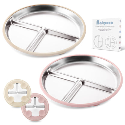 Bakpoco Stainless Steel Suction Plates for Toddlers, 8" Divided Kids Baby Plates with Removable Silicone Suction, Non Toxic Non Slip Portion Control Snack Dishes 3 Packs, Blue Gray Beige