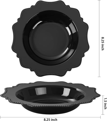 COLOSUS 60PCS Black Plastic Soup Bowls, 12oz Elegant Pearl Dessert Bowls.