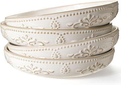 Artena Pasta Bowls, 50oz Large Salad Serving Bowls, 9.75'' Plates Bowl Set of 4, Big White Ceramic Soup Bowl for Kitchen, Embossment Shallow Dinner Bowl, Microwave Dishwasher Safe, Damask Floral