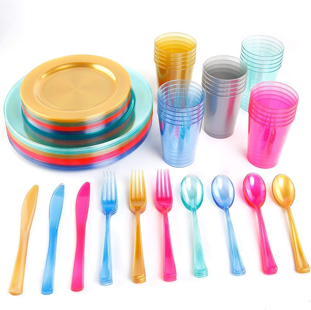 WDF 25 Guest Green Plastic Plates with Disposable Silverware&Green Cups-Neon Clear Plastic Dinnerware include 25 Dinner & Salad Plates,25 Forks, 25 Knives, 25 Spoons,25 Cups for Party