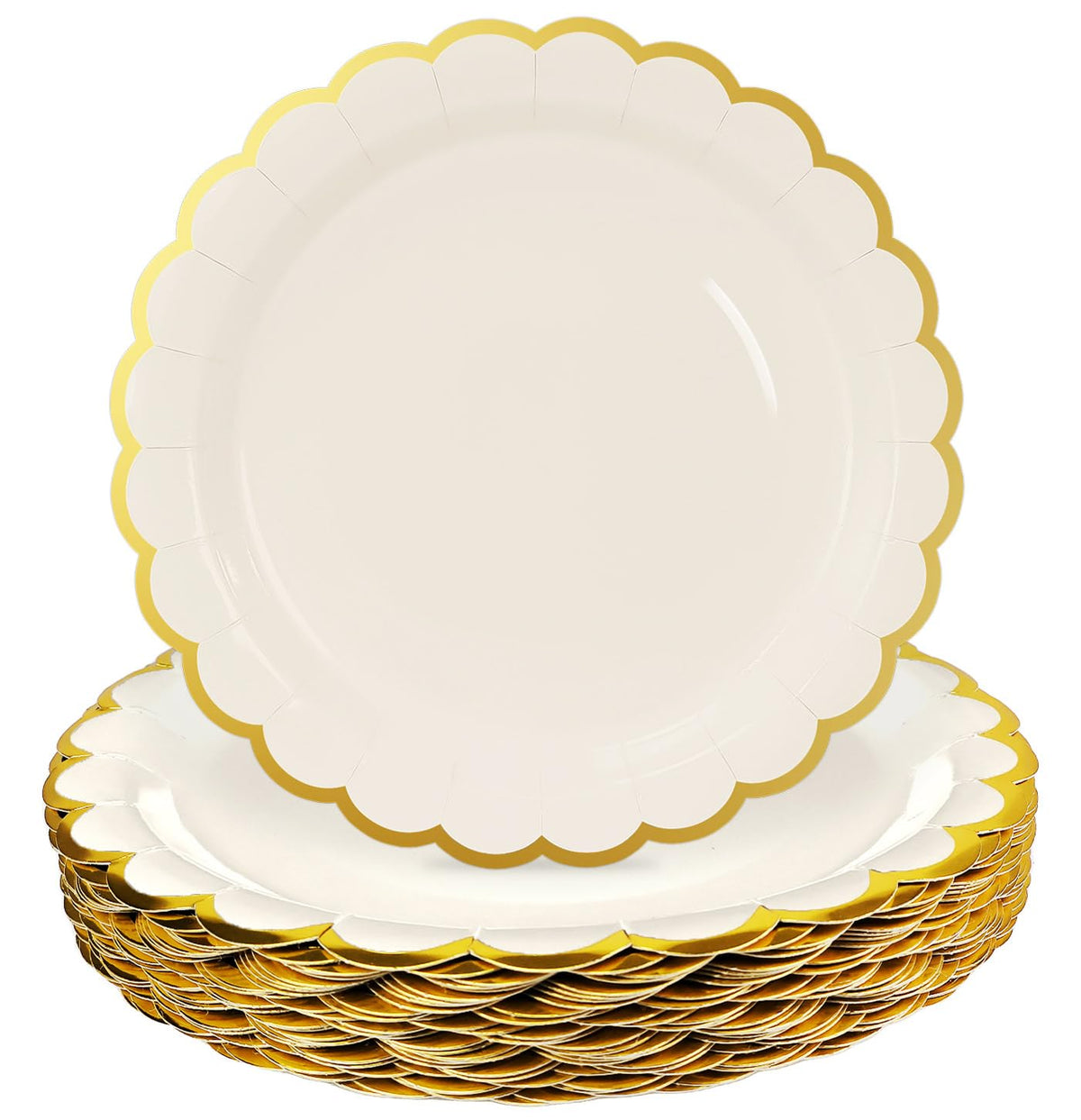 HEIPINIUYE 50 Pieces White Paper Plates with Gold Foil 7 Inch Disposable White Scalloped Dinner Plates for Wedding Baby Shower Birthday Party Dessert Plate