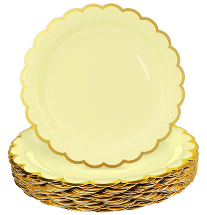 HEIPINIUYE 50 Pieces White Paper Plates with Gold Foil 7 Inch Disposable White Scalloped Dinner Plates for Wedding Baby Shower Birthday Party Dessert Plate
